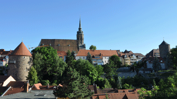 Bautzen-Gerberbastei mit Dom St. Petri und Nicolaiturm vom Schützenplatz