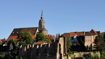 Nicolaiturm mit Nicolaifriedhof und Dom St. Petri vom Schützenplatz