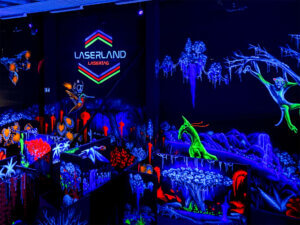 Dies ist nicht das Escape Room Bautzen, sondern das Laserland Bautzen. Zu sehen sind Hindernisse, wohinter sich die Spieler verstecken können. Durch leuchtende, einzigartige Kreaturen und Pflanzen kommt das Thema "Avatar" zum Vorschein.